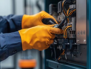 Hands-on engineer assembling and testing electrical panels in a power distribution setup, hands-on engineer, electrical systems