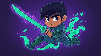 Poster - Cartoon Ninja with Green Sword