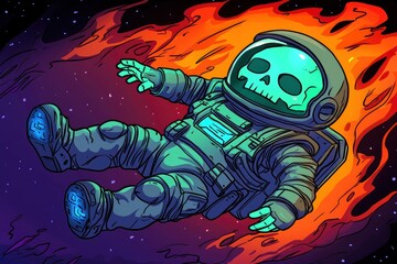 Sticker - Astronaut Skull in Space with Flames