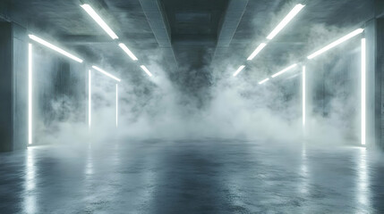 Wall Mural - 3D Futuristic Concrete Room with Neon Lights and Smoke