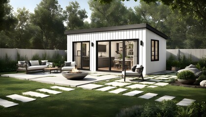 Wall Mural - Charming outdoor living area featuring a modern white shed with black trim, surrounded by comfortable seating and lush greenery, creating an inviting backyard retreat