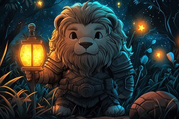 Wall Mural - Brave Lion with Lantern in a Forest at Night