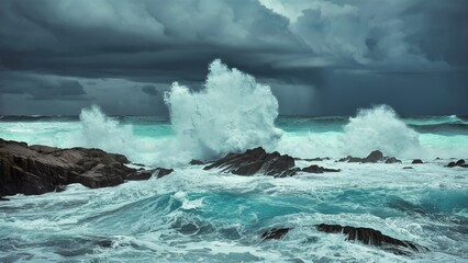  Stormy Waves Against Rugged Rocks with Dark Clouds