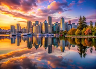 Stunning Vancouver Downtown Skyline Reflection at Sunset from Stanley Park in Canadaâ€™s Urban Landscape