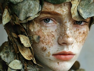 Poster - Woman with Leaves on Face: A Surreal Portrait