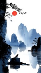 Wall Mural - Serene Mountain Landscape with Red Sun and Bird in Watercolor Style