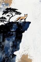 Canvas Print - Fox on a Clifftop with a Silhouette Tree