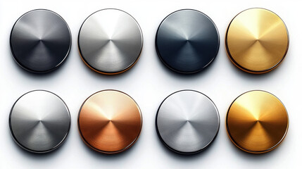 A set of metal chrome circle buttons is presented in vector format, featuring metallic rose gold, bronze, silver, steel, holographic, and golden badges for diverse design applications