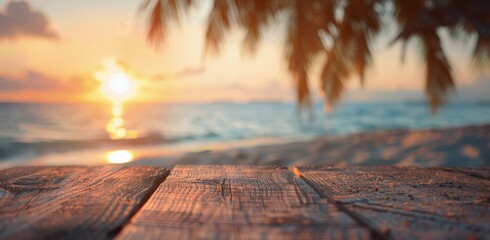 Wall Mural - Sunset Over Sandy Beach With Palm Tree and Wooden Deck