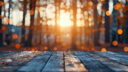 Poster - Autumn Leaves Glowing in Sunset Light at a Wooden Table in a Forest