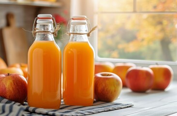 Wall Mural - Freshly Bottled Apple Juice With Autumn Leaves and Apples on a Rustic Table