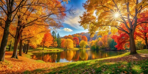 Wall Mural - sunlit autumn landscape with colorful fall trees and leaves in a tranquil setting