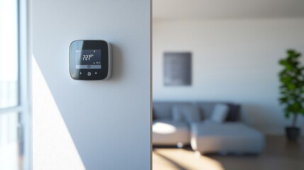 Modern smart thermostat on a wall in a minimalistic living room interior