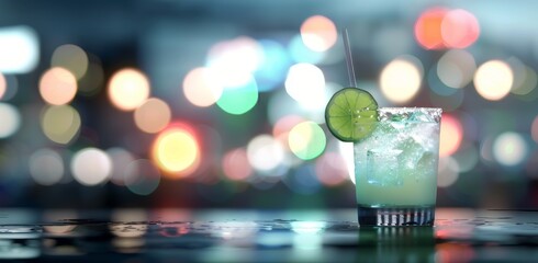 Wall Mural - Margarita Cocktail on a Bar Top During Sunset in a City