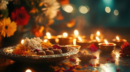 An intricately decorated thali with sweets, placed in front of a well-lit prayer altar with glowing diyas and fresh flowers. Copy space, Indian traditional festival happy Diwali background