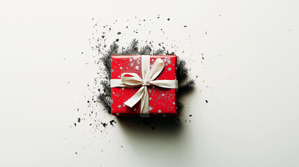 christmas red gift box on white color background with shades minimalist concept, greeting inviting card