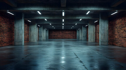 Wall Mural - Concrete Tunnel with Brick Walls and Fluorescent Lights 3D Illustration