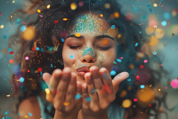 Wall Mural - A young woman blows confetti from her hands. Friends celebrate outdoors in the evening.