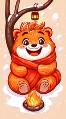 Wall Mural - Cute Bear Warming Up by a Fire in the Winter