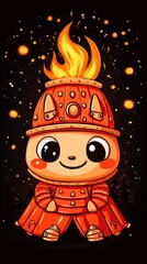 Wall Mural - Cute Cartoon Fireman in Spacesuit with Flames and Stars