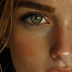 Wall Mural - Close-up Portrait of a Woman with Green Eyes and Freckles