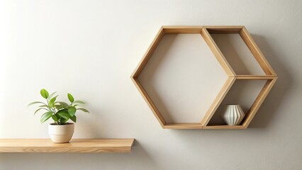 wooden hexagon shelf with empty shelf copy space mock up for home decor interior design creative sto