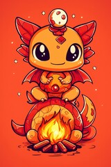 Wall Mural - Cute Dragon Sitting by a Campfire