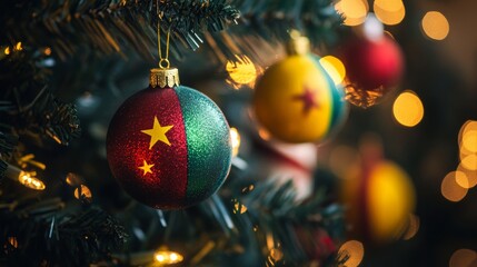 close-up of cameroon-themed christmas tree decorations with national flag and emblem, creating a festive background with blurred lights and traditional colors of green, yellow