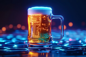 Mug of beer with futuristic technology on blue glowing neon background.