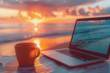 A laptop and a coffee cup are on the table with a sunset beach view in the background.