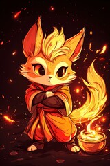 Canvas Print - Fiery Feline A Cute Cartoon Fox With Flaming Tail and a Determined Expression