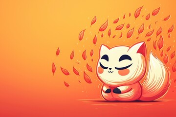 Poster - Cute Cartoon Cat Meditating in Autumn Leaves