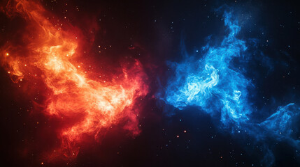 An abstract depiction of nebula smoke fire in red and blue light isolated on a black background, embodying the concept of versus, competition, and fight