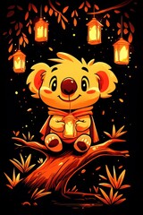 Poster - Cute Koala Holding a Lantern in a Night Forest