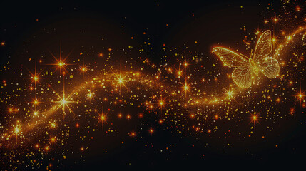 Wall Mural - A radiant butterfly with golden sparkles flying through a dark sky, leaving a glittering trail.