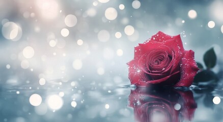 Canvas Print - Red rose resting on water surface during gentle rain with soft bokeh background