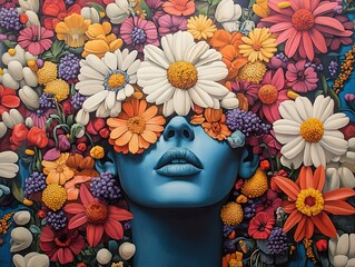 Wall Mural - Woman Surrounded by Colorful Flowers - A Surreal Portrait