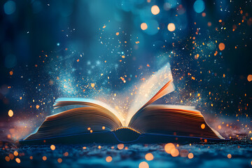 Wall Mural - Magic book with open pages and abstract bokeh background.