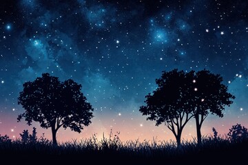 Wall Mural - Two Silhouetted Trees Against a Starry Night Sky