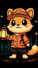 Canvas Print - Cute Cat Explorer with Lantern in the Night