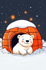 Wall Mural - Cute Polar Bear Sleeping in an Igloo Under a Starry Night