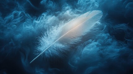 Sticker - A delicate feather floating in ethereal blue smoke.