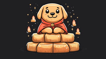 Sticker - Cute Dog in a Red Cape Sitting on a Pile of Hay with Candles