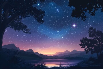 Wall Mural - Silhouetted Trees and Mountains Against a Starry Night Sky with a Lake in the Foreground