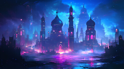 Generative ai illustration of fairy - tale arabian night city with towers and mussels. night neon oriental city. fantasy urban arabic landscape. Arabian Nights. Illustration