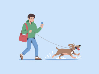 Person walking dog while looking at phone illustration