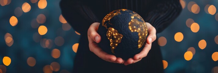 Close-up of hands holding an illuminated globe with glowing network connections, symbolizing global connectivity and technology.