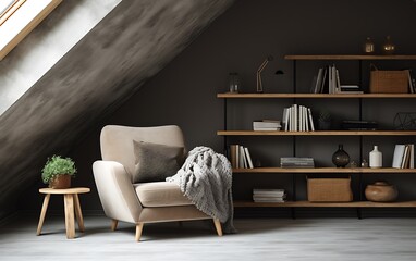 Dark living room interior with comfortable sofa with pillows, armchair, wooden shelf with books