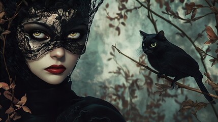 Poster - Mysterious Woman with Black Cat in a Dark Forest