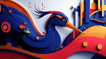 Canvas Print - Abstract Papercut Bird and Frog in Colorful Landscape